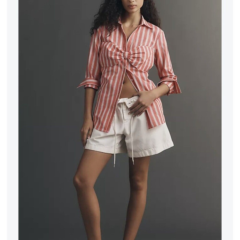 NEW Maeve Anthropologie Bow Long-Sleeve Button Shirt Top M Coral Striped Preppy